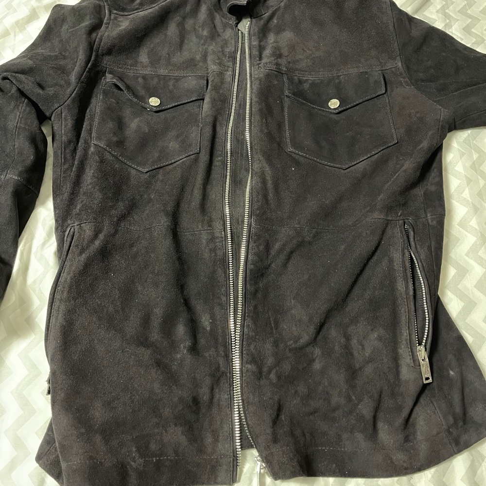 Reiss navy suede leather jacket in used good condition, size small.